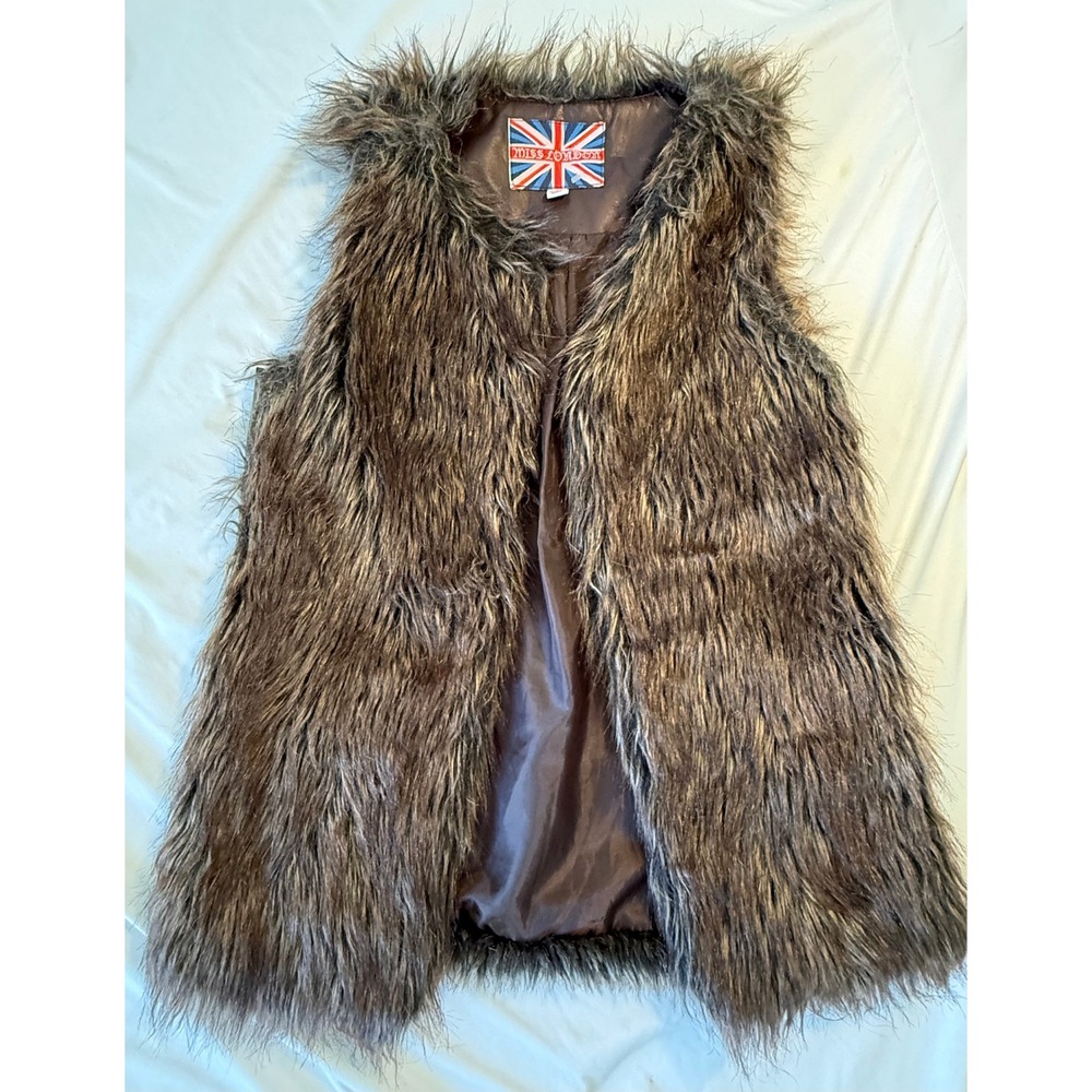 Miss London Brown Faux Fur Vest Shaggy Faux Leather Trim Boho Glam Small